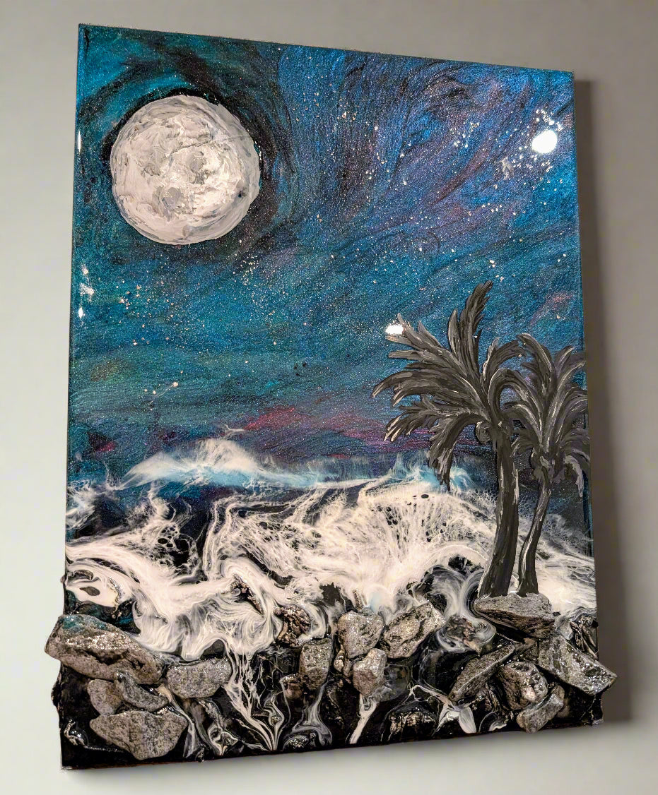 Moonlit Tides β Northern lights inspired Coastal wall art Nicole's paint Escape